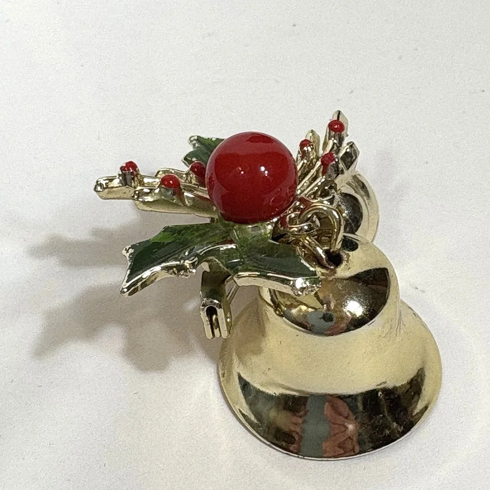 Double Brass Ringing Bells Enameled Holly Brooch Pin Vintage Christmas Holiday